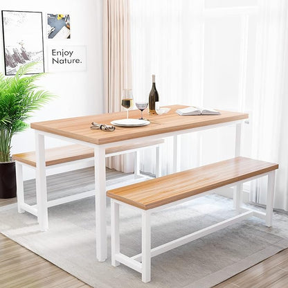 Recaceik Dining Table Set with Bench, 3 Pieces Dining Furniture Set Kitchen Table Set Sturdy Structure Space-Saving Dinette for Kitchen, Dining Room Breakfast Nook, Living Room, Beige