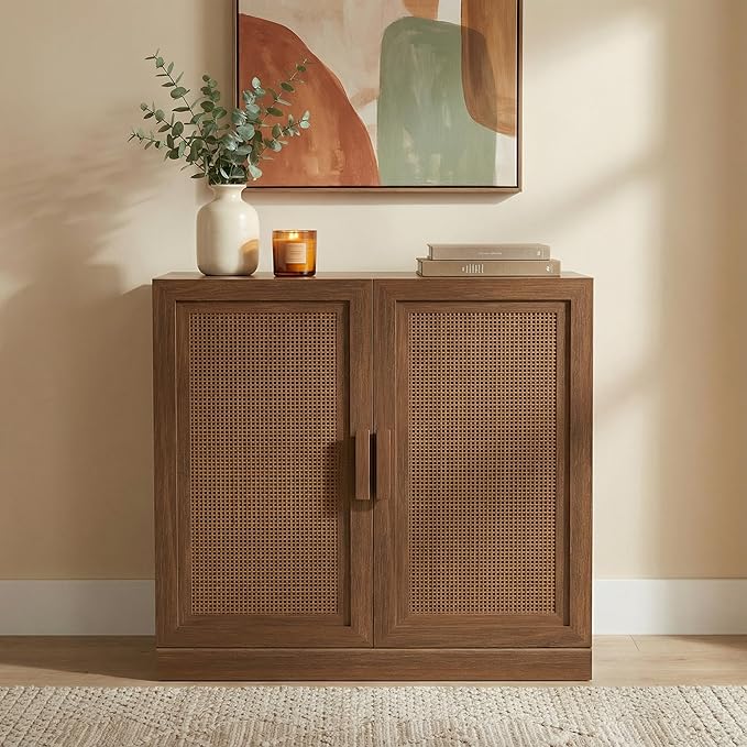 Casaphoria Adam Sideboard Buffet Cabinet with Storage, Sideboard Cabinet with Rattan Doors & Adjustable Shelves, 31" W x 31" H Coffee Bar for Entryway Kitchen Living Room, Walnut