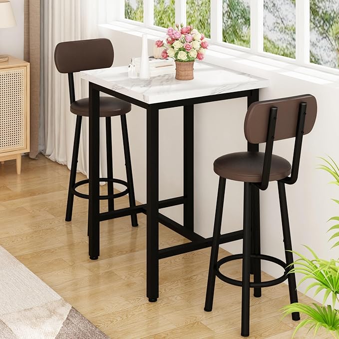 Recaceik 3 Piece Pub Dining Set, 24" Square Kitchen Table and Chairs Set with 2 PU Leather Upholstered Stools, Pub Table and Chairs Set for Breakfast Nook Living Room Small Space Restaurant