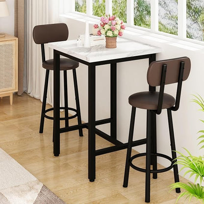 Recaceik 3 Piece Pub Dining Set, 24" Square Kitchen Table and Chairs Set with 2 PU Leather Upholstered Stools, Pub Table and Chairs Set for Breakfast Nook Living Room Small Space Restaurant