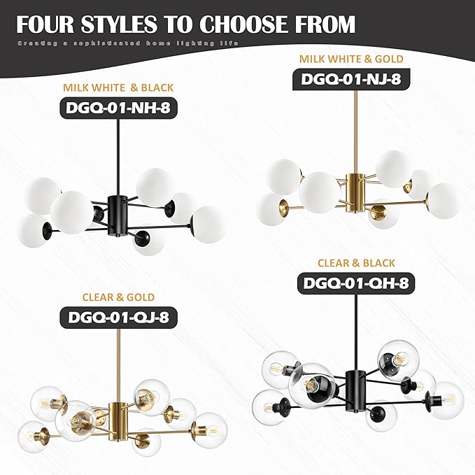 Bagood 8-Light Globe Sputnik Chandelier Gold Mid Century Modern Light Fixture Brushed Brass Finished with White Frosted Globe Glass Lampshade Sputnik Chandeliers for Dining Room Kitchen Island Bedroom