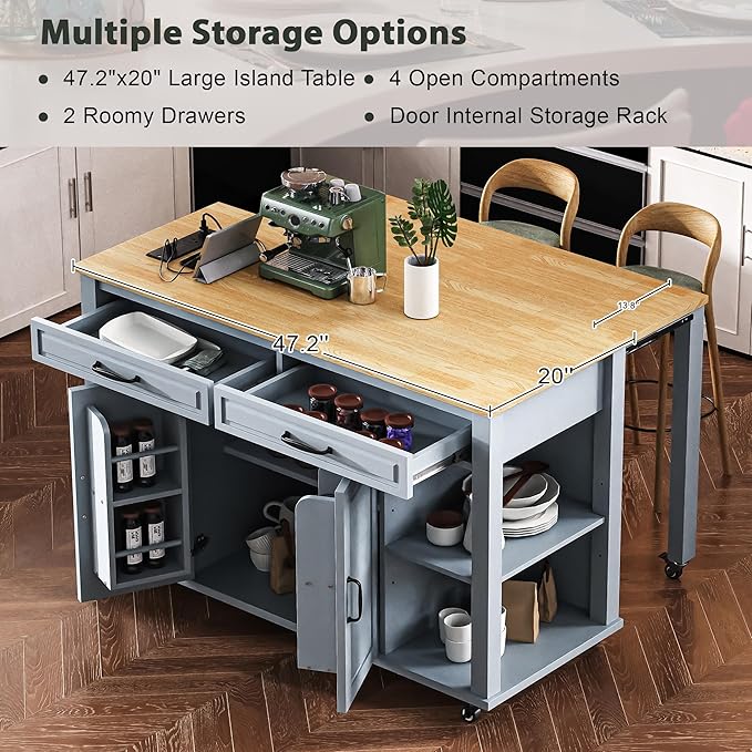 Modern Dining Table Kitchen Island with Extendable Table, Rubber Wood Veneer Dining Table with Rack, Power Outlet, Wood Design for Kitchen Living Room,Blue-MDF