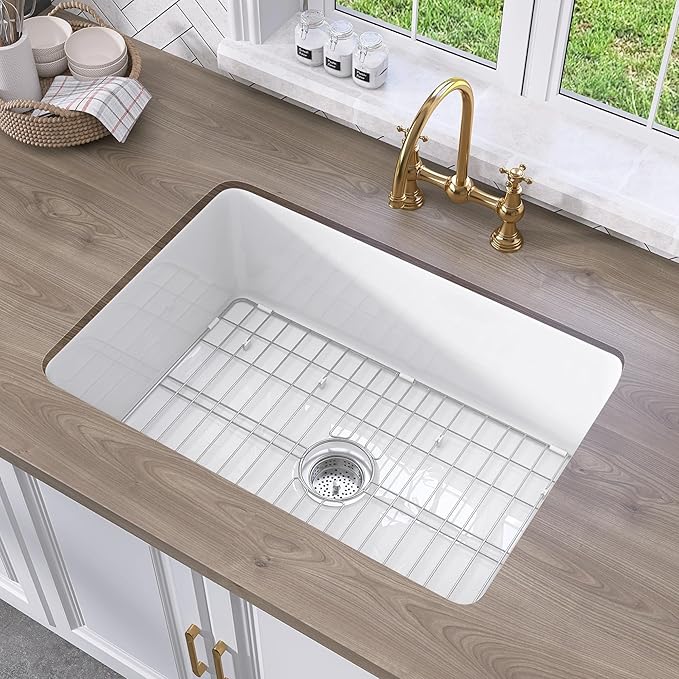 TUKTUK White Undermount Kitchen Sink 27 Inch Fireclay Drop-in Deep & Modern Farm Sink Large Single Bowl Topmount Accessory Kit Included
