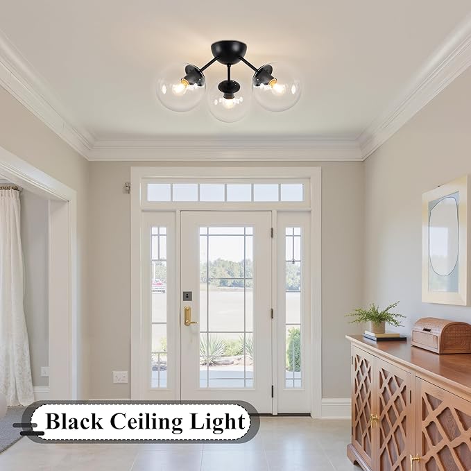Bagood Mid-Century Modern Semi Flush Mount Ceiling Light 3 Lights Clear Glass Modern Globe Ceiling Light Matte Black Sputnik Chandeliers for Hallway Entryway Kitchen Bedroom Laundry(Bulb Incl.)