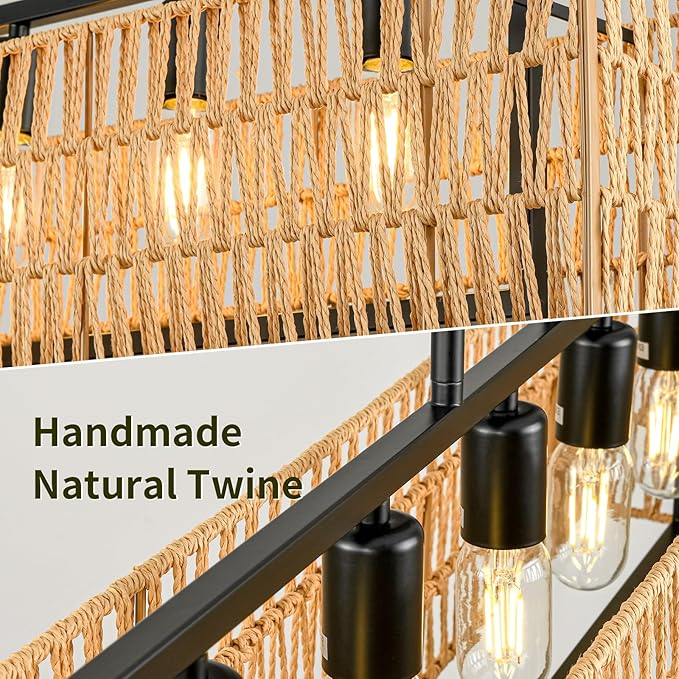 Chandeliers for Dining Room 40 Inch Boho Rattan Chandelier 5-Light Linear Chandelier Large Rectangle Chandelier Over Table, Rattan Light Fixture Kitchen Island Lighting