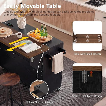 Kitchen Island with Extendable Dining Table, Rolling Kitchen Cart with Drawers and Trash Storage Cabinet, Island Mobile Dining Table on Wheels with 3-Tier Pull-Out Spice Rack for Small Space Black