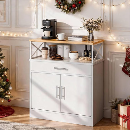SUNLEI Farmhouse Buffet Sideboard with 2 Doors and 1 Drawer, Open Storage & Adjustable Shelf, Coffee Bar Cabinet for Kitchen/Laundry/Living Room, White