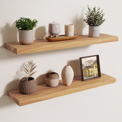 Axeman Floating Shelves for Wall - 32''W x 8'' D Rustic Solid Elm Wood Shelves for Storage, Wall Mounted Display Shelving with Invisible Heavy-Duty Metal Bracket (Natural, 2PCs)