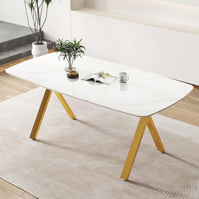 51" White Marble Dining Table, 4-6 Person Modern Kitchen Dining Room Tables with Marble Pattern Tempered Glass Top and Gold X-Shaped Metal Base, Space Saving Rectangle Dinner Table for Home