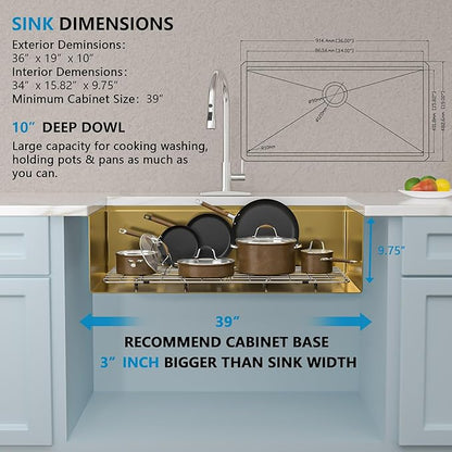 36 Undermount Kitchen Sink Gold - Fulorni 36"x19" Kitchen Sink Brushed Gold NANO-PVD Ledge Workstation 16 Gauge 304 Stainless Steel Under Counter Large Single Bowl Basin