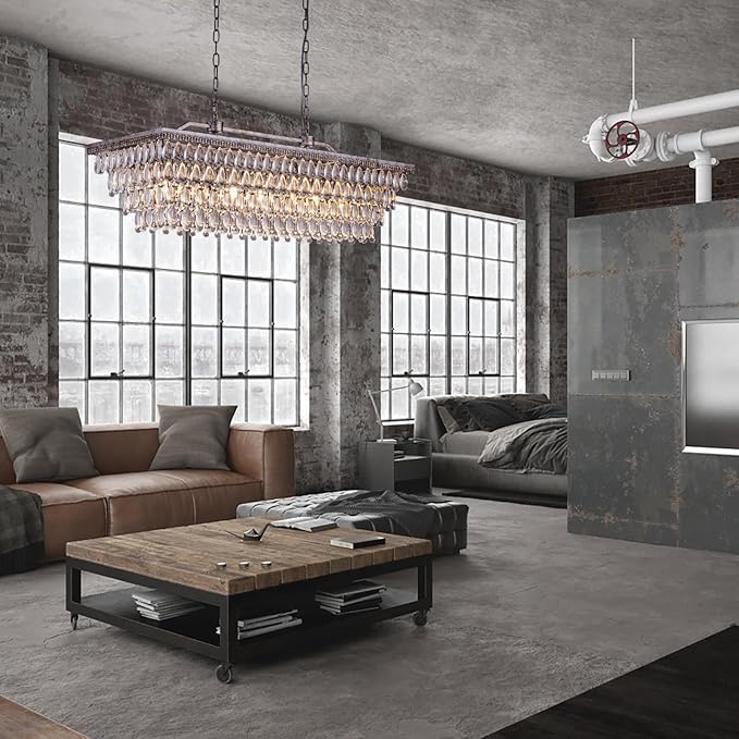 Wellmet Dining Room Crystal Chandelier, 40 Inch Antique Silver Rectangle Chandeliers 7 Lights 4 Tiers Farmhouse Ceiling Hanging Light, Vintage Large Light Fixtures for Kitchen Island, Living Room