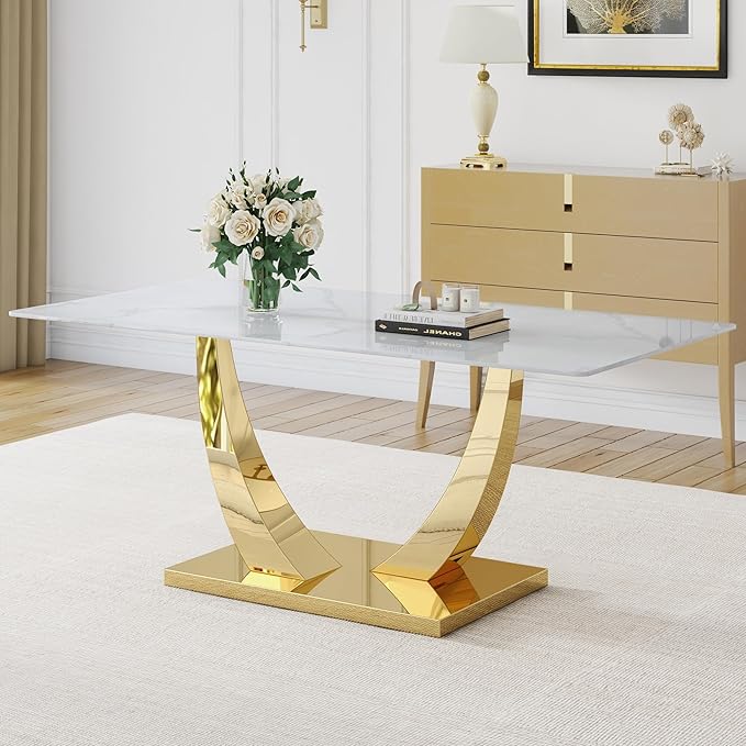 Faux Marble Dining Room Table, Modern Kitchen Table with Golden U-Shaped Base, 71" White Dining Table with Rectangular Glass Top for Dining Room and Kitchen