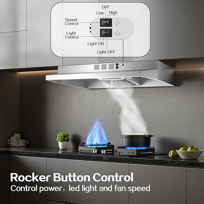 Range Hood 36 inch Under Cabinet, Ducted/Ductless Kitchen Hood 280CFM, Stainless Steel Vent Hood with Rocker Button Control, Stove Hood with 2 Speeds Fan, Bright LED Light