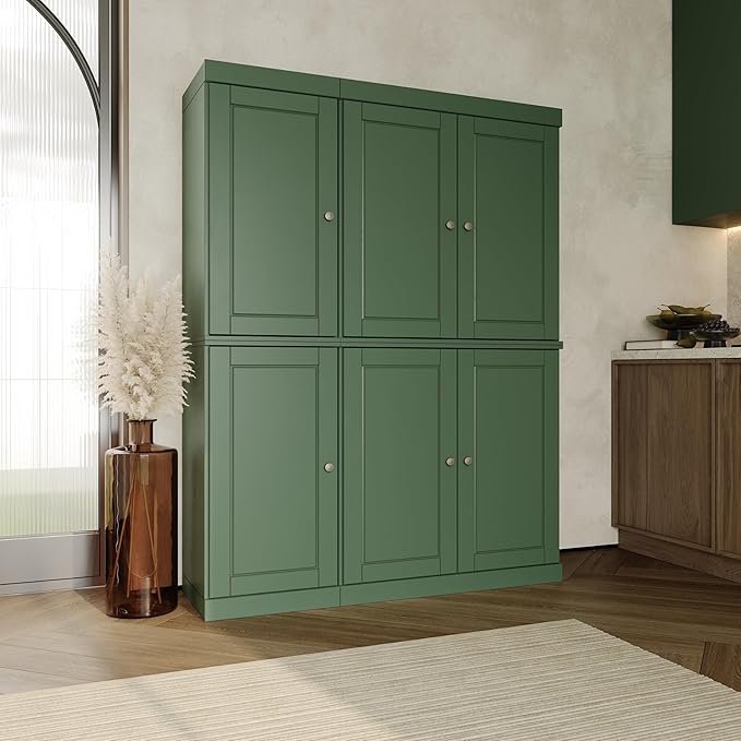 Palace Imports Solid Wood Kitchen Pantry Cabinet 71.5" Tall, 48.5" Wide – Freestanding Storage Cupboard with Adjustable Shelves – Green, Renewable Eco-Friendly 100% Wood, Made in Brazil