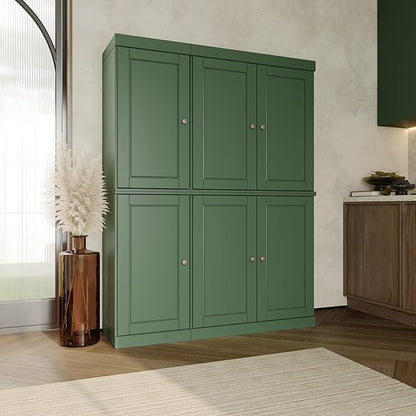 Palace Imports Solid Wood Kitchen Pantry Cabinet 71.5" Tall, 48.5" Wide – Freestanding Storage Cupboard with Adjustable Shelves – Green, Renewable Eco-Friendly 100% Wood, Made in Brazil