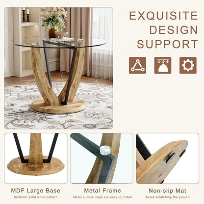 JUFU Round Dining Table for 4, 42 Inch Dining Room Table, Wood Small Kitchen Table with Stable Pedestal, Modern Glass Dining Table for Kitchen,Living Room,Apartment,Restaurant