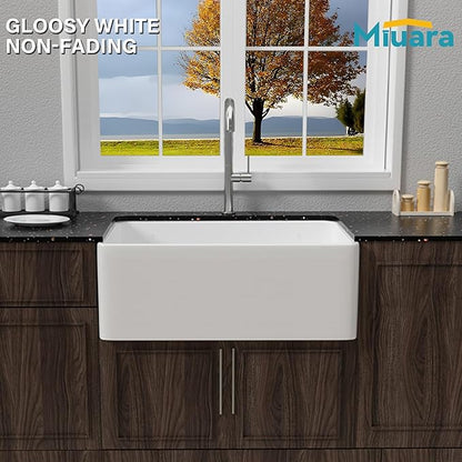 Miuara Farmhouse Sink 27 Inch - Small Apron Front Undermount Kitchen Sink Reversible 27"x18"x10", Farm House Style Single Bowl, Heavy Duty Solid Fireclay, White, for Kitchen & Laundry & Small Space