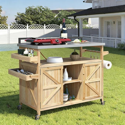 Bellemave Outdoor Kitchen Island with Stainless Steel Top, Rolling Bar Cart & Storage Cabinet, Outdoor Grill Cart with Spice & Towel Rack, Rolling Island Table for Kitchen & BBQ, Natural
