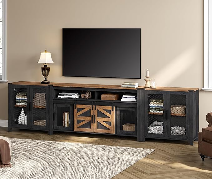 WAMAPT Sideboard Buffet Cabinets with 4-Mesh Door, Kitchen Storage Cabinets with Adjustable Shelf, Wood Coffee Bar Accent Storage Table Cabinet for Dining, Living and Bed Room，Dark Walnut and Black
