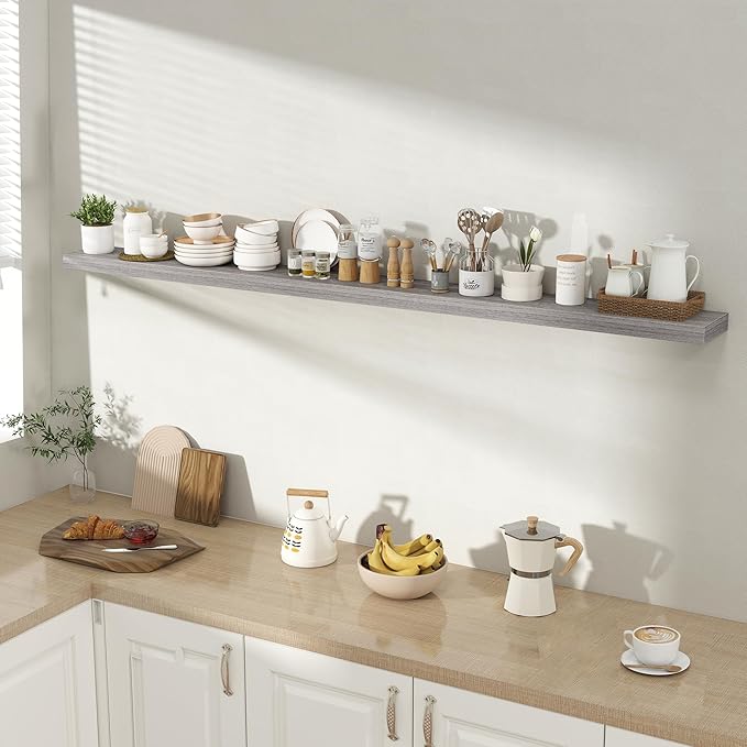 Acovy 72 Inch Floating Shelves for Wall 1 Pack, 72" Wall Shelves for Books, Storage, Decor, Wall Mounted Floating Shelf with Invisible Brackets for Kitchen, Living Room, Gray