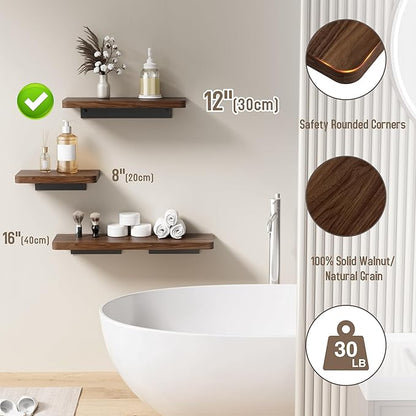 Danpoo 12 inch Solid Walnut Floating Shelf - Versatile Wall Shelf for Kitchen, Bathroom, Office, Displaying Books, Decor, and Plants