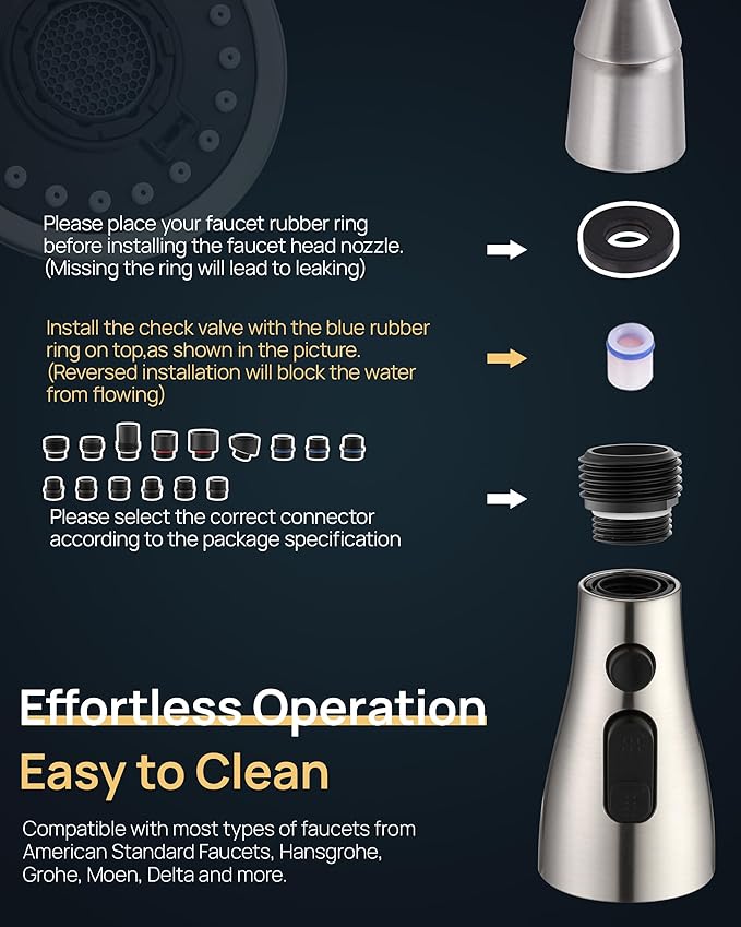 J-HVA Pull Down Kitchen Faucet Sprayer Head Replacement Part with 15 Adapters, 3 Function Pull Out Sink Sprayer Replacement Nozzle, Kitchen Faucet Head Hose Spray Tap Spout, Brushed Nickel