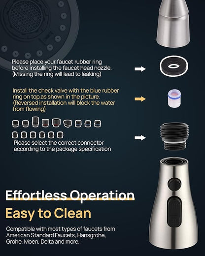 J-HVA Pull Down Kitchen Faucet Sprayer Head Replacement Part with 15 Adapters, 3 Function Pull Out Sink Sprayer Replacement Nozzle, Kitchen Faucet Head Hose Spray Tap Spout, Brushed Nickel