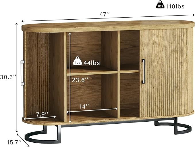 HUAHUU Sideboard Buffet Cabinet with Storage, 47.2" Fluted Storage Cabinet with Sliding Door & Adjustable Shelf, Modern Accent Coffee Bar Console Cabinet for Living Room Kitchen, Natural Oak