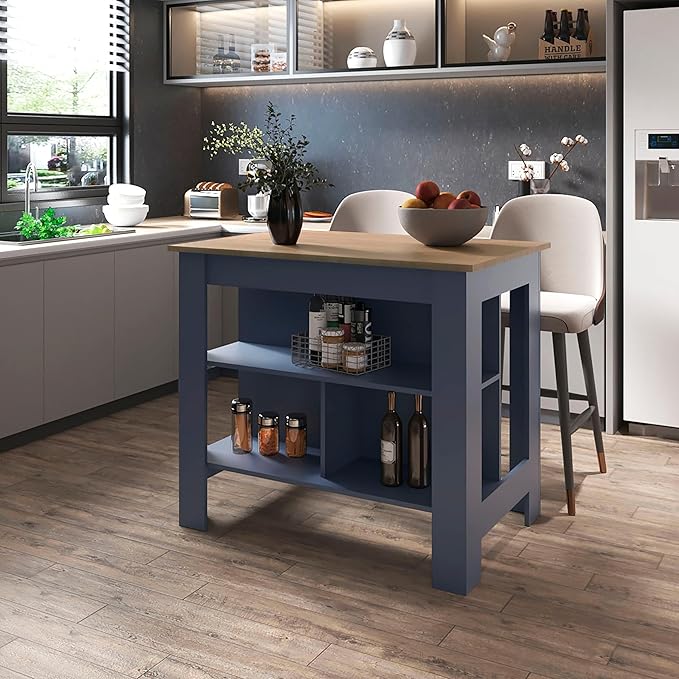 Kronos Ash & Kronos Blue Kitchen Island with Open Shelf