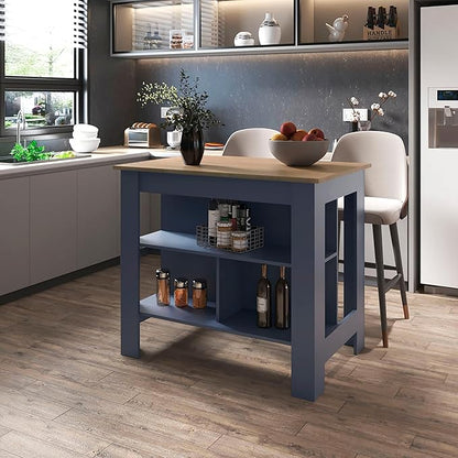 Kronos Ash & Kronos Blue Kitchen Island with Open Shelf