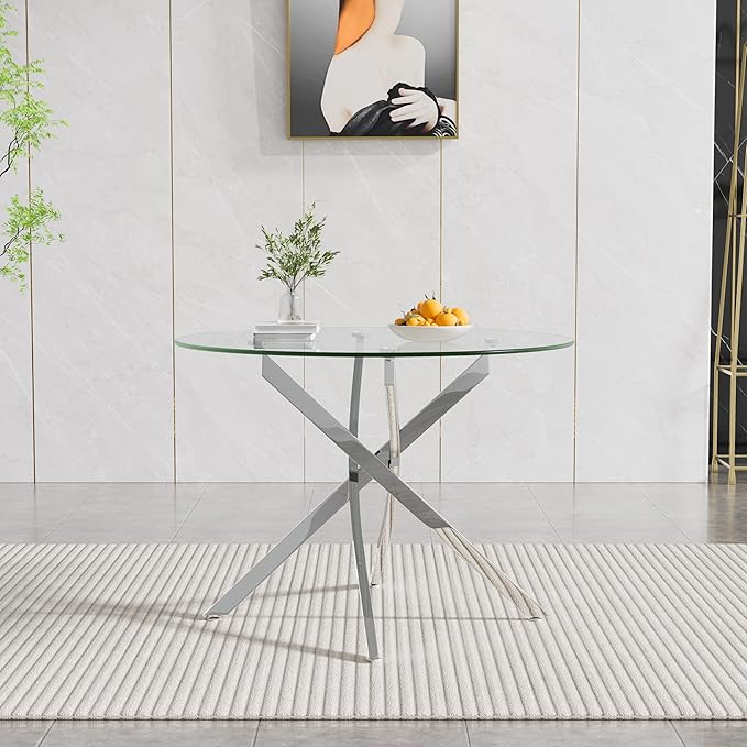 Round Dining Table, 36 Inch Glass Kitchen Table for 4 People, Tempered Glass Dinner Room Table with Black X Metal Legs, Modern Circle Small Coffee Table for Home Dining Room Kitchen Restaurant