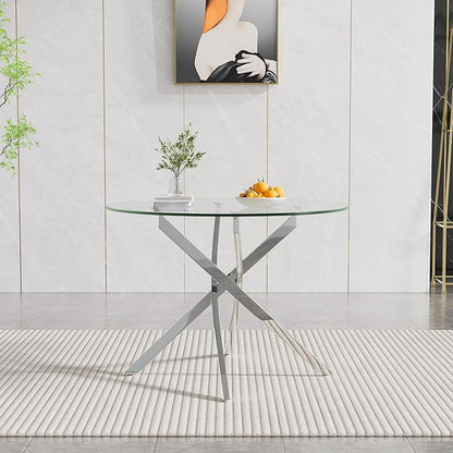 Round Dining Table, 36 Inch Glass Kitchen Table for 4 People, Tempered Glass Dinner Room Table with Black X Metal Legs, Modern Circle Small Coffee Table for Home Dining Room Kitchen Restaurant