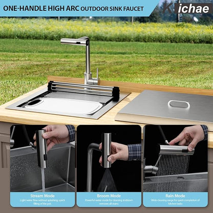 Kichae 19 Inch Outdoor Kitchen Sink - 19" x 20" Stainless Steel Drop Sink 16 Gauge with Pull Down Faucet Combo & Cover for Small Outdoor Kitchens, Bar Prep, and RV Use