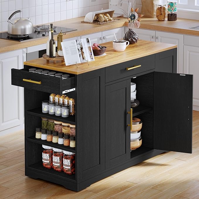 DWVO Large Kitchen Island with Trash Can Cabinet, 53 Inch Kitchen Island on Wheels, Rolling Island with Tilt-Out Garbage Storage Fits 13 Gallon Bin, Spice Rack and Drawer, for Dining Room, Black