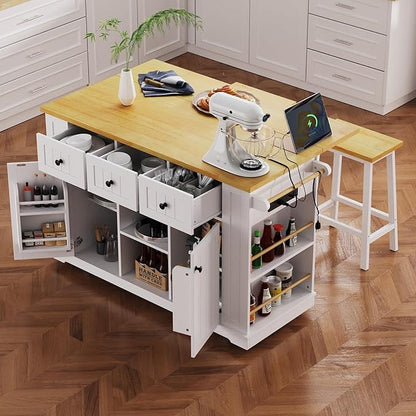 Mobile Kitchen Island Cart with Storage, Rolling Kitchen Island Table with Natural Wood Top, 3 Drawers & 2 Cabinets, White Kitchen Island on Wheels for Home & Dining Room.