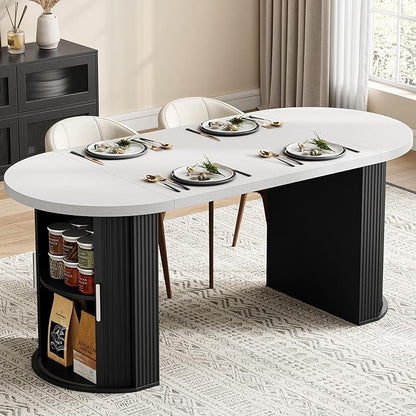 IRONCK 71" Oval Dining Table for 4-6 with Hidden Storage, Modern Farmhouse Kitchen Table with Fluted Semi-Cylindrical Legs, Faux Quartz Top for Dining Room, Kitchen, Living Room & Home Office (Black)