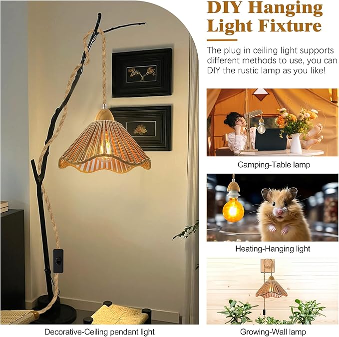 Farmhouse Hanging Lights with Plug in Cord, 16.7FT Rustic Hemp Rope Pendant Light Cord, 23x10 cm Hemp Rope Woven Lampshade Pendant Light Fixtures, E26 E27 Bulb Socket Boho Hanging Lamp, for Bedroom