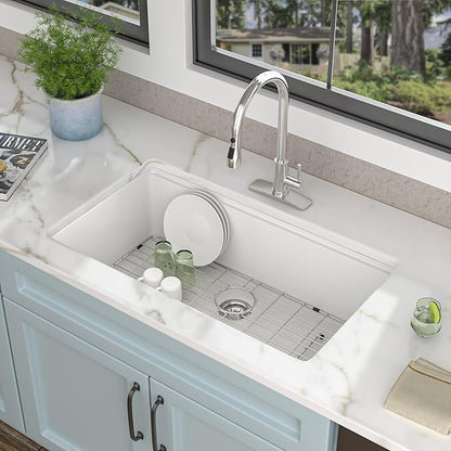 33"x19" Granite Composite Kitchen Sink - Undermount White Granite Quartz Classic Ledge Workstation Under Counter Single Bowl Basin
