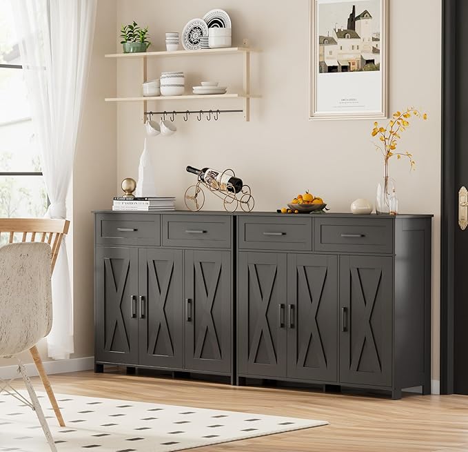 Homhedy Sideboard Buffet Cabinet, Coffee Bar Storage Cabinet with Drawers and Doors, Farmhouse Kitchen Cabinet with Adjustable Shelves, for Kitchen, Dining Room, Living Room, Black