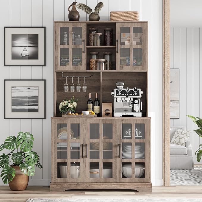Keyluv Kitchen Pantry Storage Cabinet 71" Tall Freestanding Pantry Cabinet, Farmhouse Glass Door Buffet with Oven Countertop, Large Wood Hutch for Kitchen, Living Room and Dining Room, Rustic