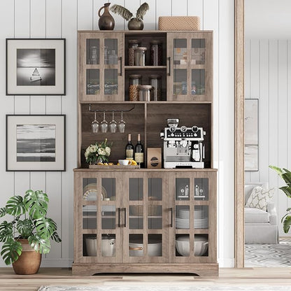 Keyluv Kitchen Pantry Storage Cabinet 71" Tall Freestanding Pantry Cabinet, Farmhouse Glass Door Buffet with Oven Countertop, Large Wood Hutch for Kitchen, Living Room and Dining Room, Rustic