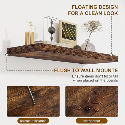40 Inch Floating Shelves Set of 2, 8 Inch Deep Wall Shelf, Rustic Wood Storage Shelves for Bedroom, Kitchen, Bathroom, Wall-Mounted Shelf with Invisible Brackets for Books|Storage, Rustic Brown