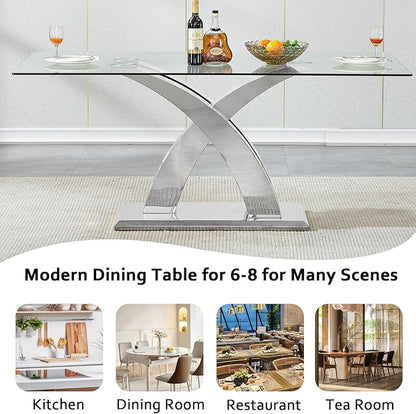 70" Glass Dining Table for 6-8, Modern Dining Room Table with 0.39" Tempered Glass Top and X-Shaped Silver Stainless Steel Base, Rectangle Kitchen Dinner Table for Dining Room