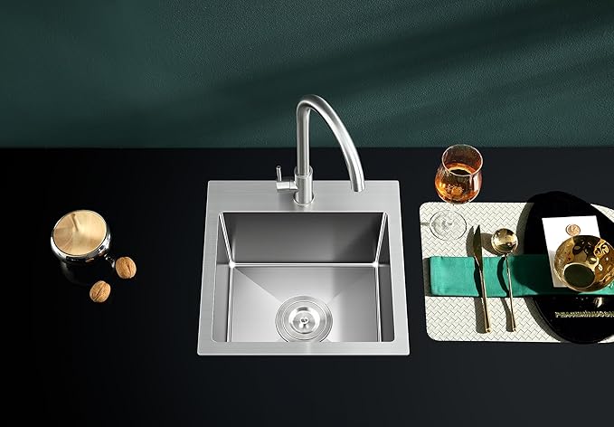 MENATT 18 inch Kitchen Sink Drop-In Brushed，304 Stainless Steel Handmade Single Faucet Hole Single Bowl Small Topmount Kitchen Bar Sink, D18" x W18" x H9"