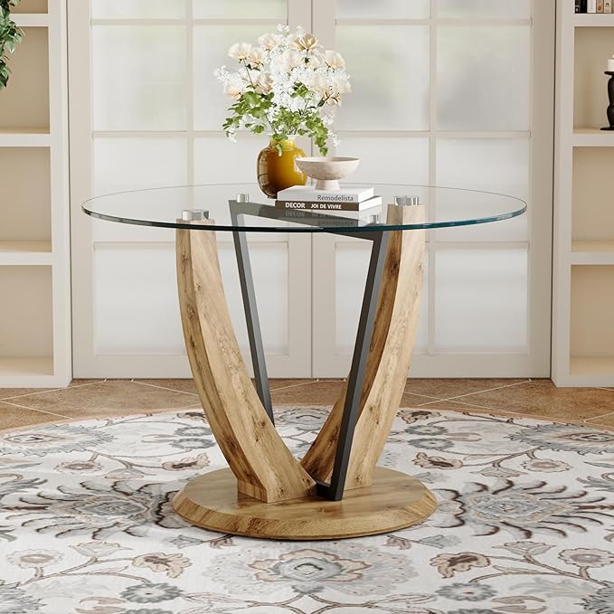 JUFU Round Dining Table for 4, 42 Inch Dining Room Table, Wood Small Kitchen Table with Stable Pedestal, Modern Glass Dining Table for Kitchen,Living Room,Apartment,Restaurant