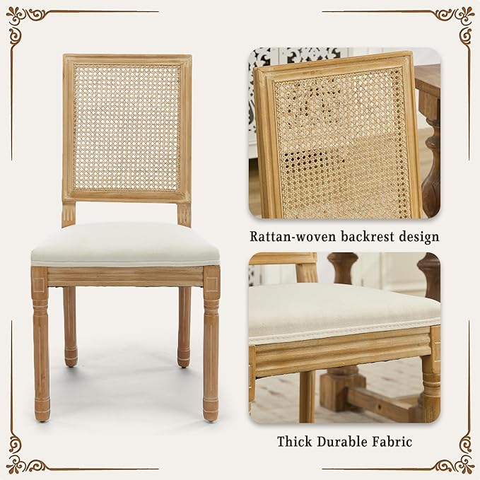 SoarFlash French Dining Chairs Set of 6, Vintage Dining Chairs with Rattan Backrest, Wooden Framehouse Chairs for Living Room, Kitchen, Restaurant, Beige