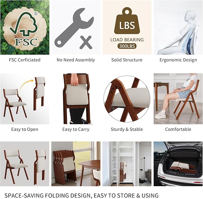 YOPTO Folding Wooden Chairs Set of 2 with Padded Seat,Portable Dining Chairs W/Ergonomically Designed Back and Cushion,for Dining Room,Restaurant,Kitchen,Office