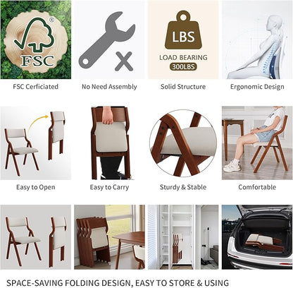 YOPTO Folding Wooden Chairs Set of 2 with Padded Seat,Portable Dining Chairs W/Ergonomically Designed Back and Cushion,for Dining Room,Restaurant,Kitchen,Office