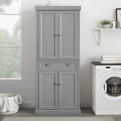 Crosley Furniture Seaside Coastal Pantry Storage Cabinet with Shelves, Kitchen, Dining, or Laundry Room, Distressed Gray