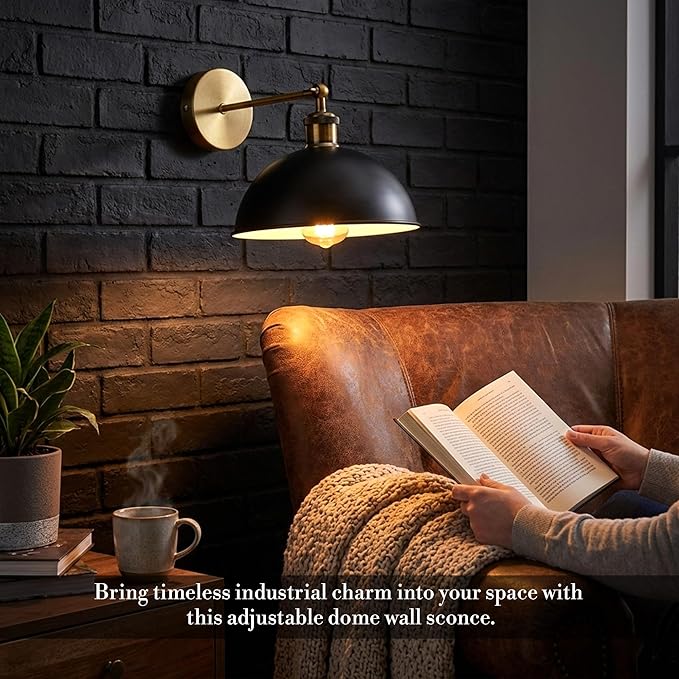 Dome Metal Wall Sconce, 180° Adjustable Industrial Wall Lamp for Bedside, Study, Kitchen, and Living Room Décor. (Black Inner White.)